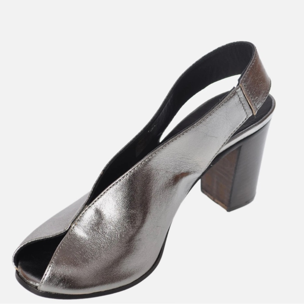 Lemarè Womens Sz 7 Silver Metallic Peep Toe Chunky Platform 3.5" Heel Sandal